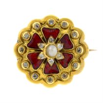 A mid Victorian gold pearl, old-cut diamond and red enamel cluster brooch.