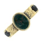 A Victorian gold bloodstone and braided hairwork mourning ring, with locket compartment.