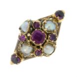 A mid to late 19th century gold ruby and split pearl cluster ring.