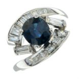 A 9ct gold sapphire and vari-cut diamond dress ring.