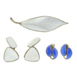 Three items of Norwegian guilloche enamel jewellery, to include a pair of foliate earrings and