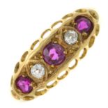 An early 20th century 18ct gold ruby and old-cut diamond five-stone ring.