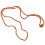 A coral bead necklace, with Georgian gold coral cannetille clasp.