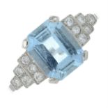 An aquamarine single-stone ring, with brilliant-cut diamond shoulders.