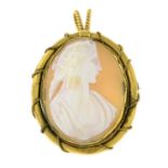 A shell cameo pendant, depicting a classical woman in profile.