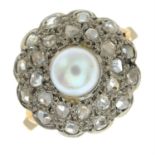 A cultured pearl and rose-cut diamond cluster ring.