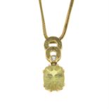 A 9ct gold green quartz and colourless-gem pendant, with 9ct gold chain.