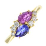 An 18ct gold tanzanite, pink sapphire and brilliant-cut diamond ring.