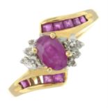 A 9ct gold ruby and single-cut diamond ring.