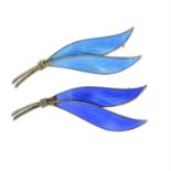 Two mid 20th century silver Norwegian enamel leaf brooches.