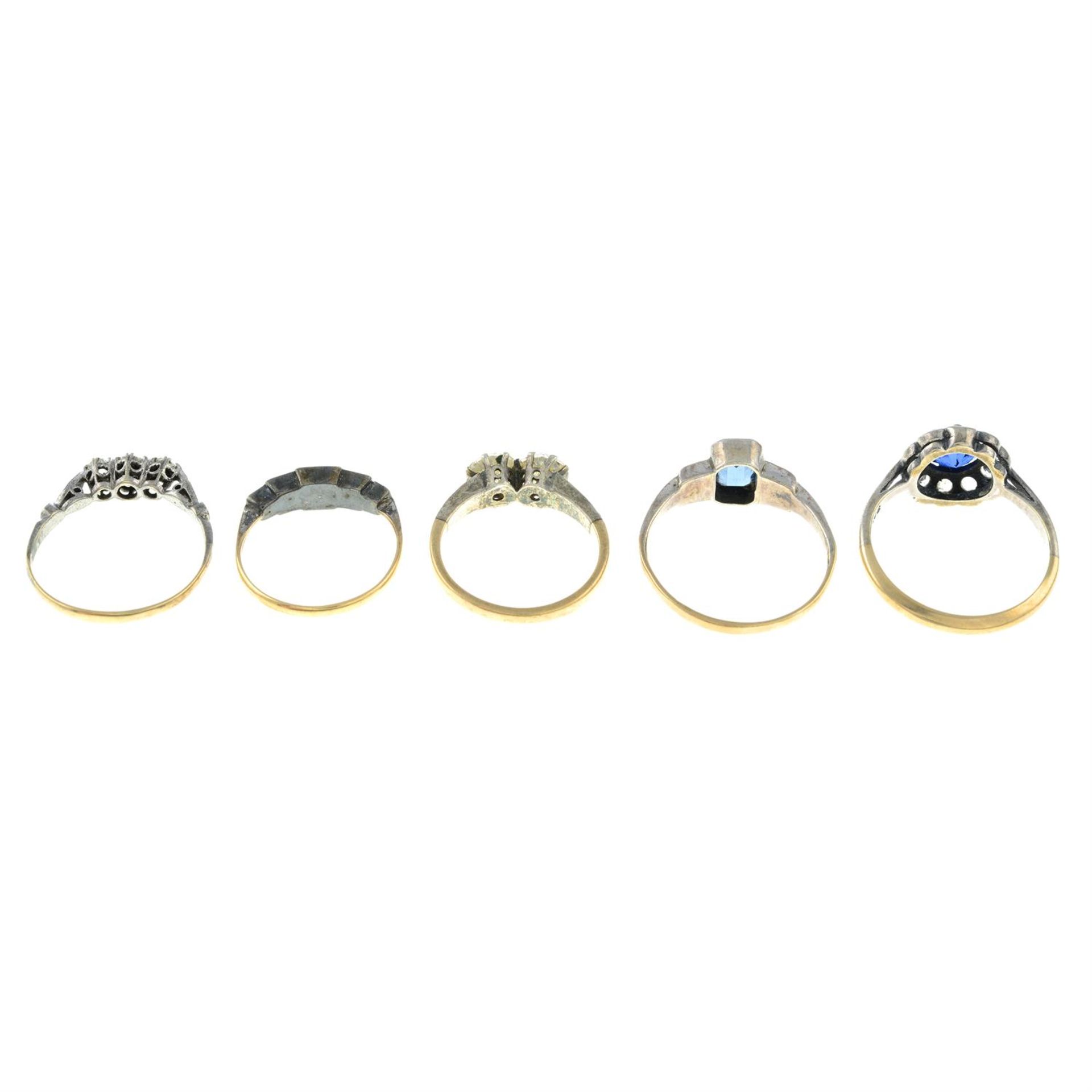 Five mid 20th century 9ct gold and silver paste rings. - Image 2 of 2