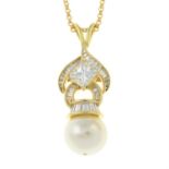 An 18ct gold vari-cut diamond and cultured pearl pendant, with 18ct gold chain.