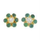 A pair of emerald and polki diamond cluster stud earrings.