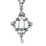 A silver split pearl, mother of pearl and aquamarine pendant necklace.