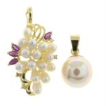 A cultured pearl, diamond and ruby pendant, together with an imitation pearl pendant.