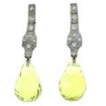 A pair of platinum brilliant-cut diamond and faceted quartz drop earrings.