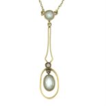 An early 20th century 15ct gold aquamarine and split pearl drop pendant necklace.
