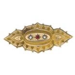 An Edwardian 9ct gold garnet and split pearl memorial brooch.