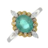 An emerald, diamond and yellow gem ring.