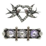 Two early 20th century gems-set brooches, to include an amethyst three stone bar brooch and a paste