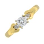 An 18ct gold brilliant-cut diamond ring, with pear-shape diamond and heart motif shoulders.