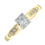 A square-shape diamond single-stone ring, with brilliant-cut diamond shoulders.