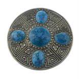 An enamel brooch, by Langstone, together with two pairs of plastic statement earrings.