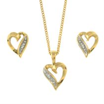 A set of diamond heart-shaped jewellery, to include a necklace and earrings.