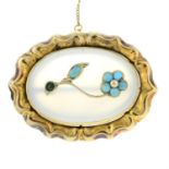 A late 19th century gold chalcedony brooch, with turquoise floral motif.