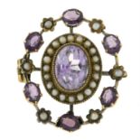 An early 20th century amethyst, purple garnet-topped-doublet and split pearl openwork brooch.