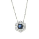 A 9ct gold sapphire and diamond hexagonal-shape pendant, with chain.