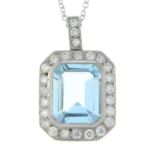 A brilliant-cut diamond and aquamarine pendant, on chain.