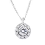 A brilliant-cut diamond cluster pendant, with chain.