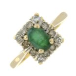 A 9ct gold emerald and single-cut diamond cluster ring.