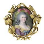 A late 19th century gold porcelain portrait brooch, depicting a woman in Rococo dress,