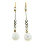 A pair of cultured pearl and diamond drop earrings.