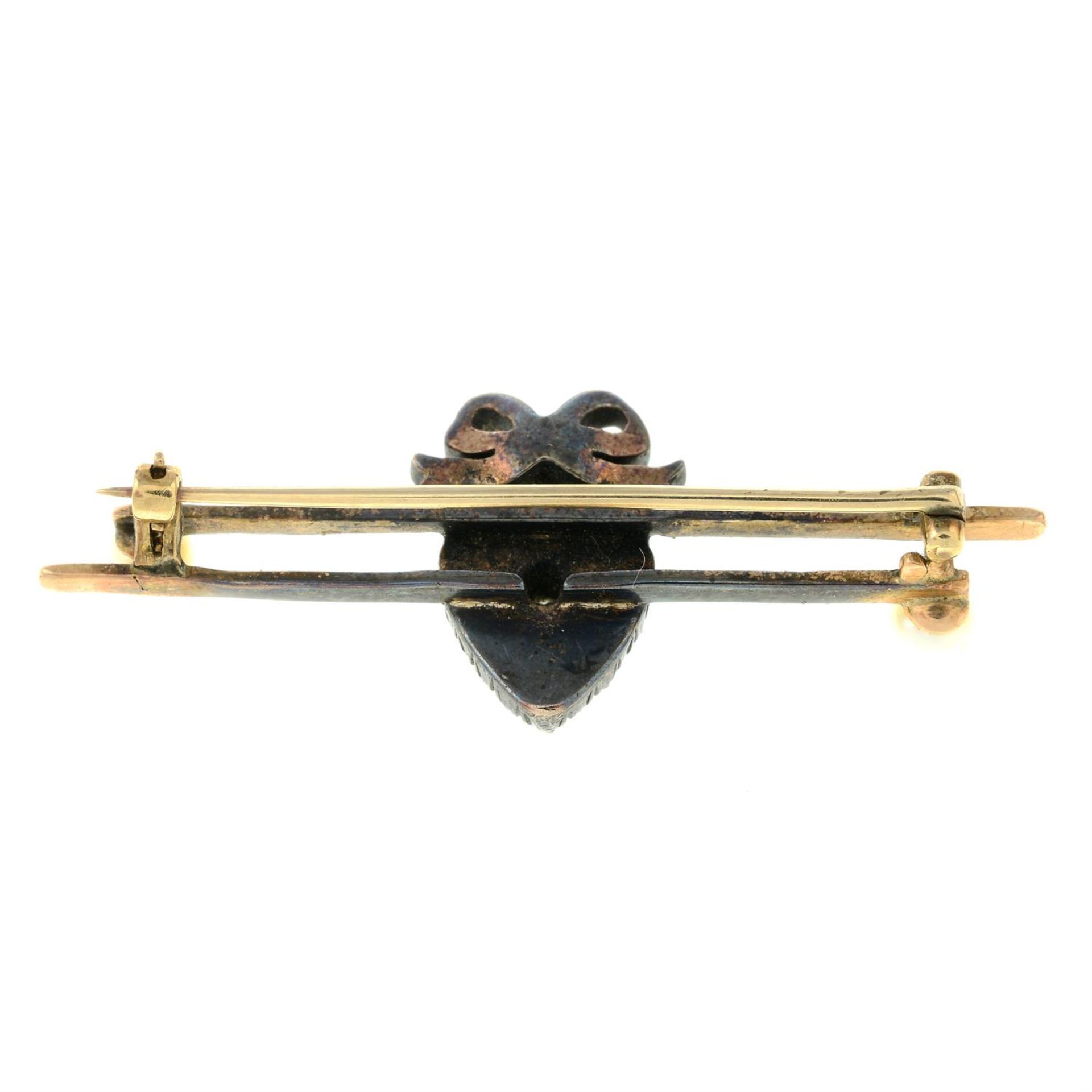 An early 20th century silver and gold vari-cut diamond, cultured pearl and blue enamel bar brooch, - Image 2 of 2