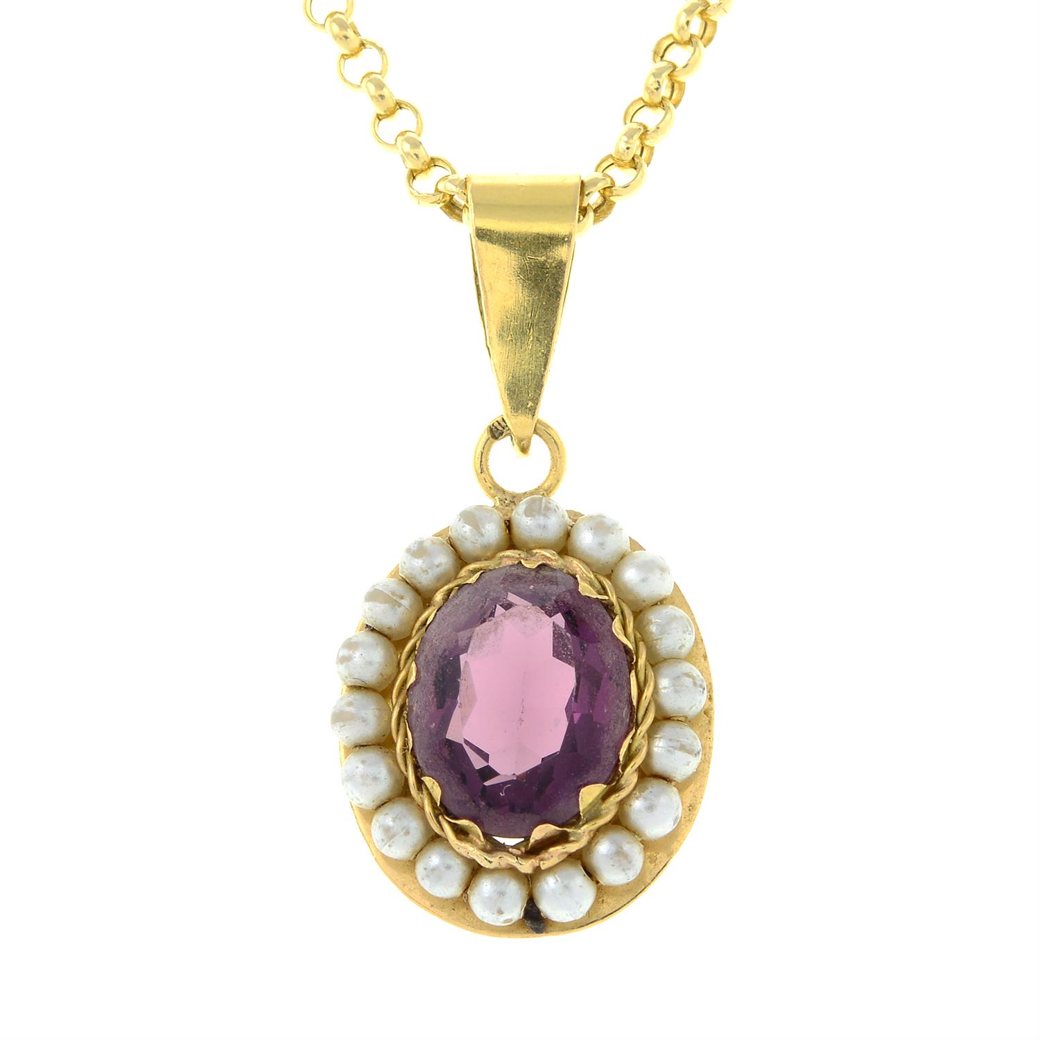 A paste and imitation pearl cluster pendant, with 18ct gold chain.