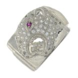 A silver pavé-set cubic zirconia wild cat ring, with ruby eye.