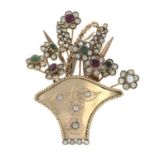 A mid 20th century gold multi-gem and diamond flower basket brooch.