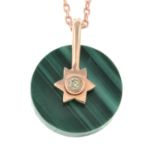 A malachite and brilliant-cut diamond pendant, with chain.