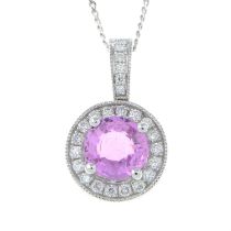 An 18ct gold pink sapphire and brilliant-cut diamond cluster pendant, with chain.