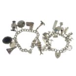 A silver charm bracelets together with a further charm bracelet, with a variety of charms.
