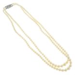 A cultured pearl two-row necklace, with 9ct gold clasp.