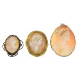 Three late 19th to early 20th century shell cameo brooches.