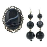 A pair of early 20th century agate drop earrings and an agate brooch.