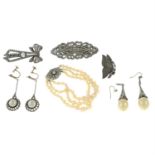 A selection of early 20th century mainly marcasite costume jewellery to include two pairs of