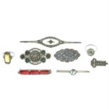 Eight Art Deco silver gem-set jewellery items.