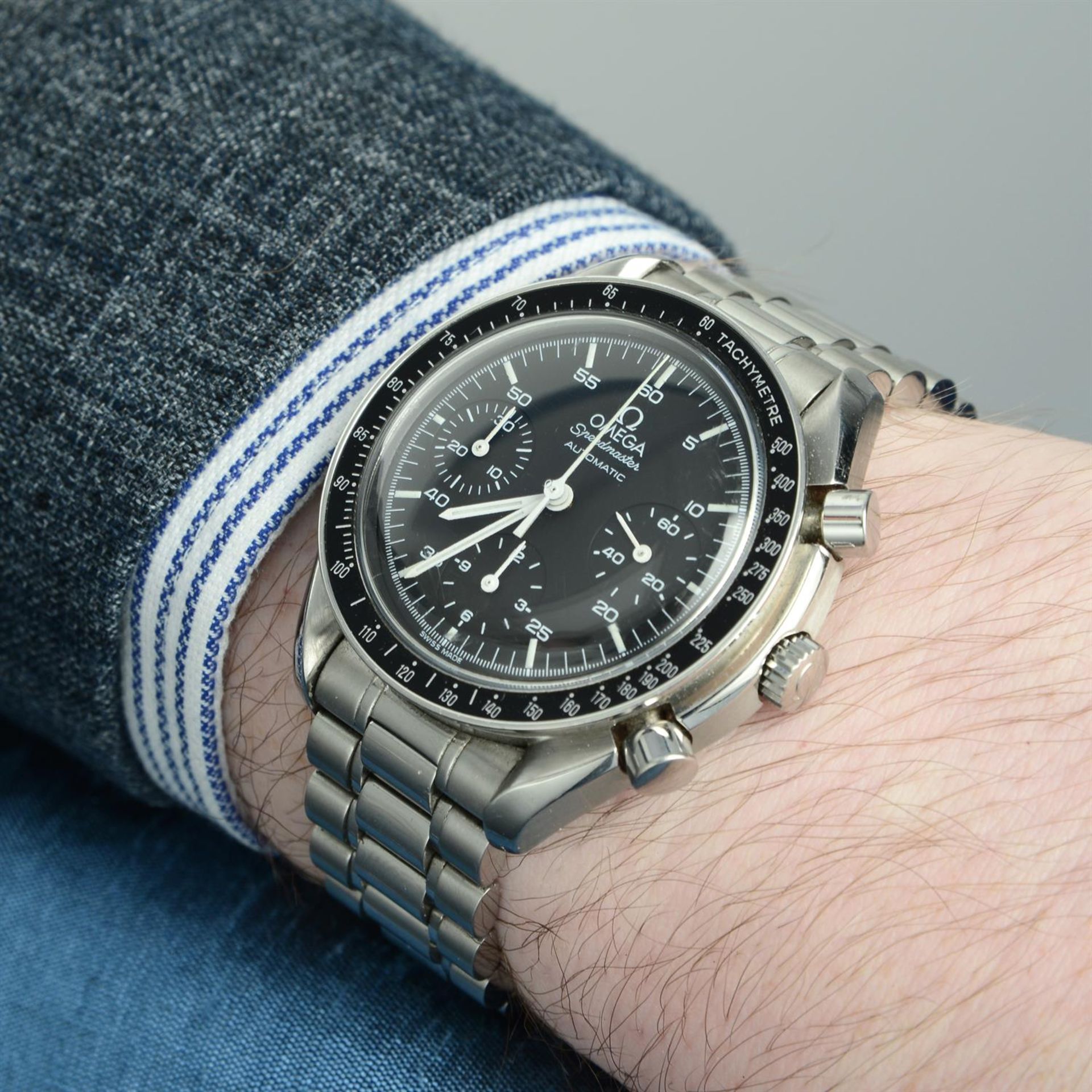 OMEGA - a stainless steel Speedmaster 'Reduced' chronograph bracelet watch, 39mm. - Image 5 of 5