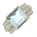 An aquamarine and brilliant-cut diamond ring.